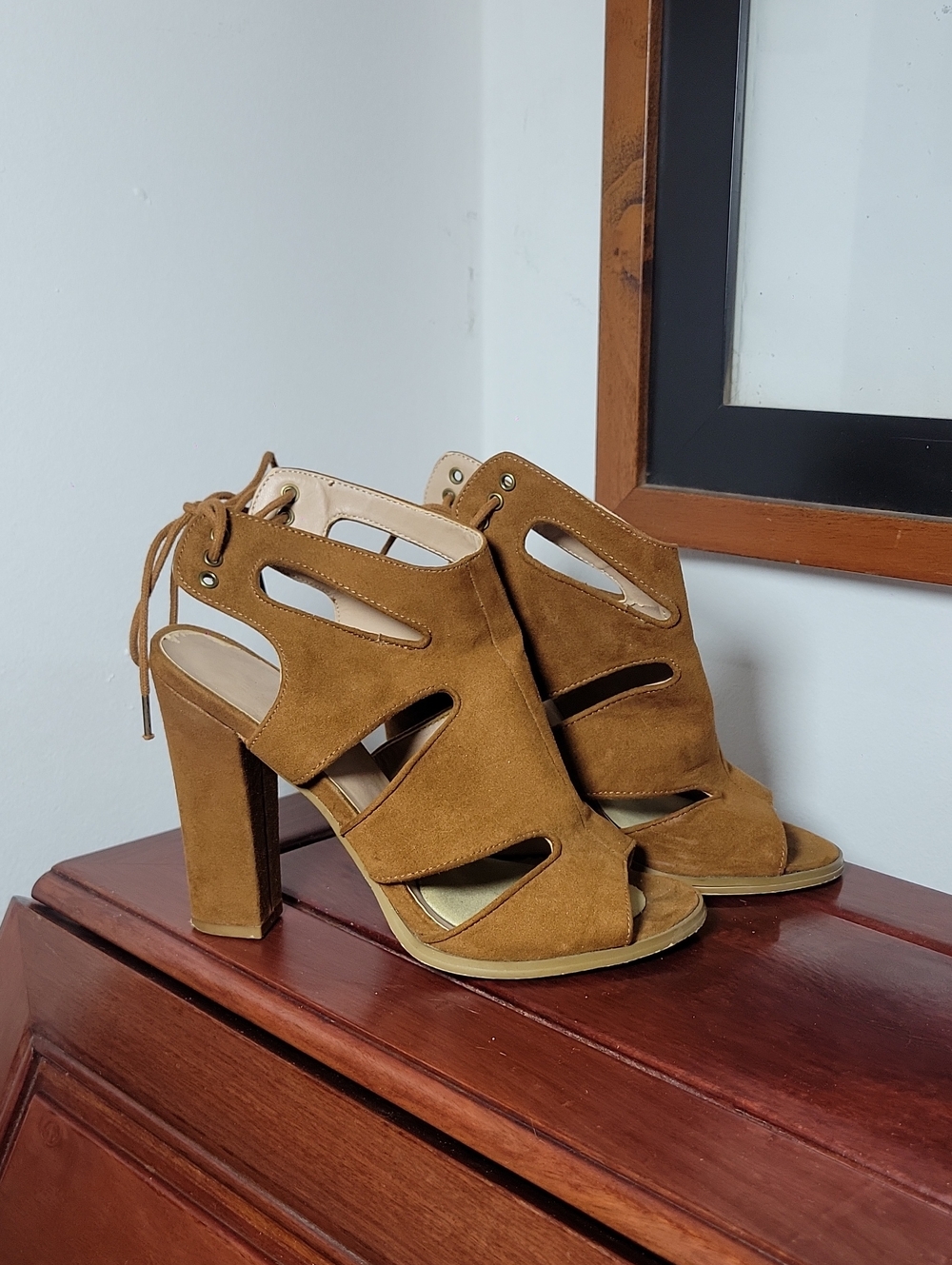Mix No. 6 Tan Suede Cutout Lace-Up Block Heel Sandals